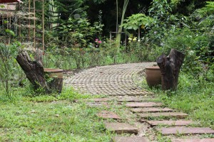 Cement block walkway in a garden